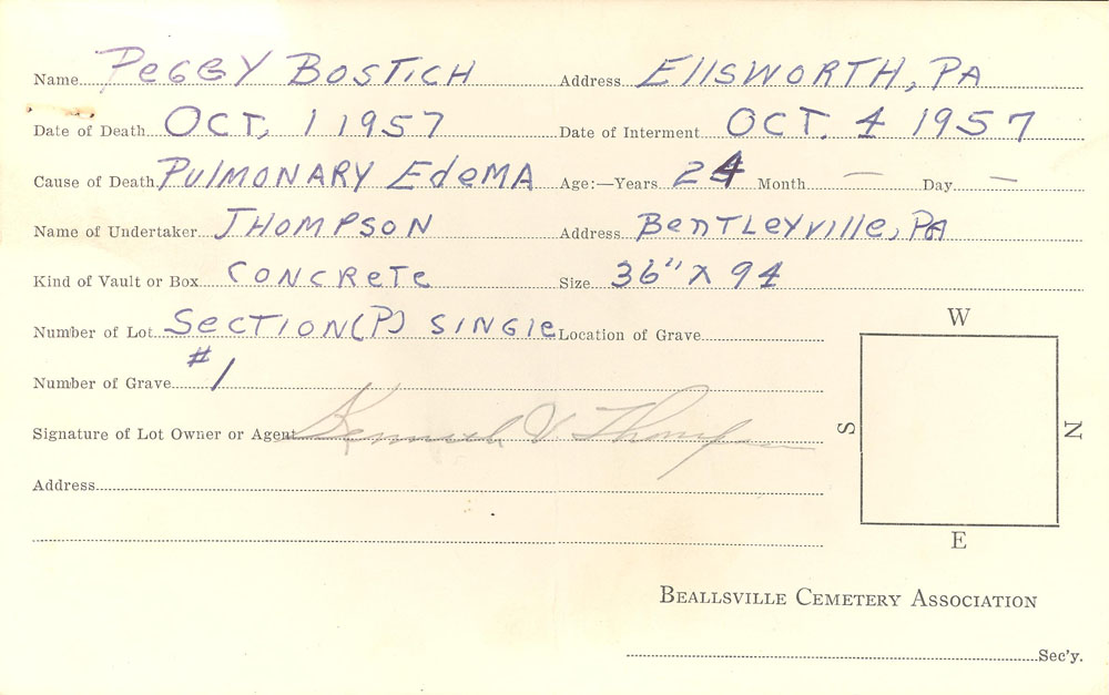 Peggy Bostich burial card